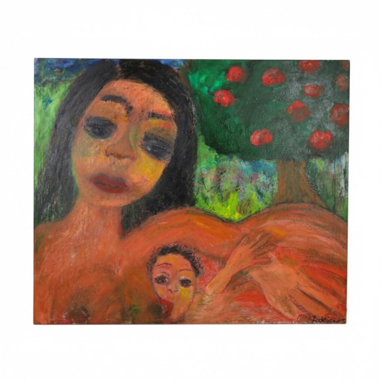 Hegina Rodrigues Oil/Canvas "Mother and Child": Hegina Rodrigues (Brazil/Florida, 20/21st C) Oil on Canvas Abstract Expressionist "Mother and Child". Signed lower right. Unframed. Measures 28" x 33". Condition: Good condition Estimate 100 - 300 Dom