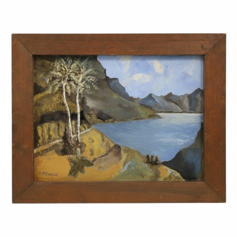 H. Newton Highwaymen Oil/Canvas Tropical Landscape: H. Newton (Florida, 1934-1994 Highwayman Oil/Canvas "Tropical Landscape". Signed lower left. Tag affixed to verso: Corpus Christi Art Gallery. Measures 10-1/4" x 14" (sight), frame 13-3/4" x 17".