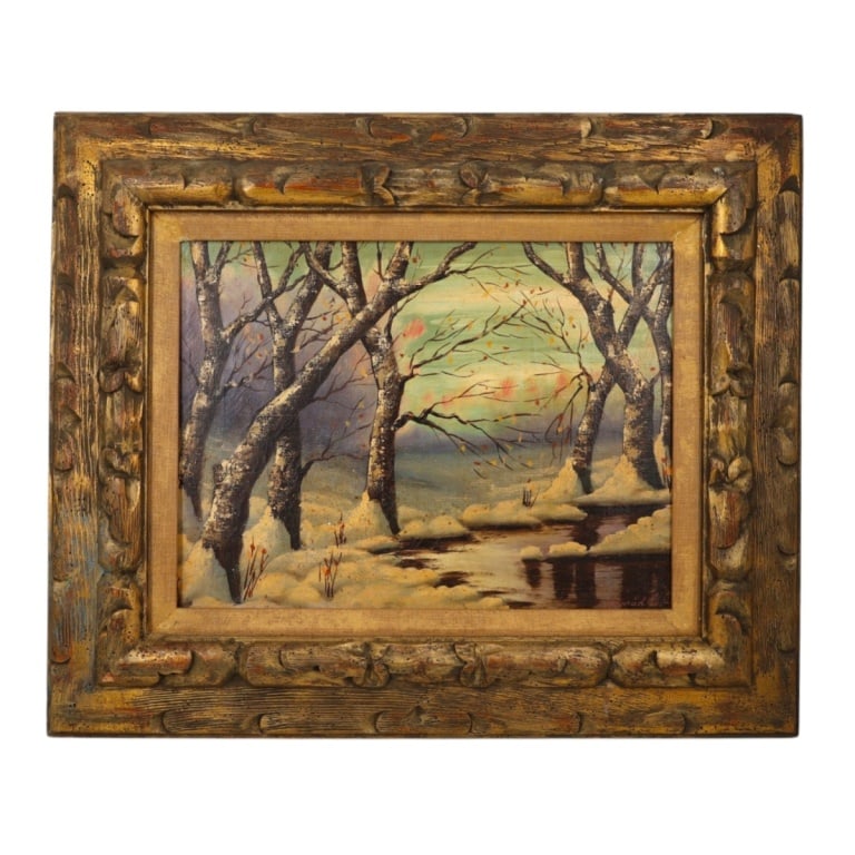 Mid Century Oil/Canvas "Winter Landscape" Konrad: Mid Century Oil/Canvas "Winter Landscape" Signed Konrad (64?) lower right. Measures 12" x 16", frame 19-3/4" x 23-3/4". Condition: Toning, craquelure. Estimate 100 - 200 Domestic shipping Third Party