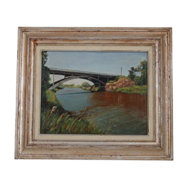 Gary Hartenhoff Oil on Board "River Bridge": Gary Hartenhoff (American, b. 1935) Oil on Board "River Bridge". Signed lower right. Measures 11" x 14", frame 17" x 20". Condition: Light scratch or in good condition. Estimate 100 - 300 Domestic