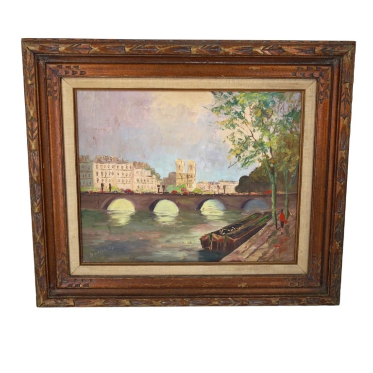 Vintage Paris School Oil/Canvas "View Notre Dame": Vintage Mid Century Paris School Oil on Canvas "View of Notre Dame From The Sienne". Signed. H. Winkelirer lower left. Measures 16" x 20", frame 24" x 28". Condition: Good condition. Estimate 200 -