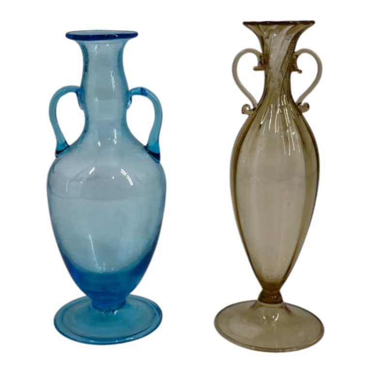 2 Vintage Murano Amphora Form Glass Vases: 2 Vintage Murano Amphora Form Glass Vases. Unsigned. Blue with handles measures 9-3/4", amber 10-1/4" H. Condition: Good condition. Estimate 100 - 300 Domestic shipping Third Party