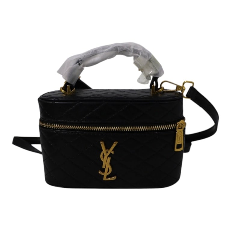 Replica Saint Laurent Gaby Micro Vanity Bag: Replica Saint Laurent Gaby Vanity Bag - Black. Gold tone hardware, shoulder strap. Measures 4-1/2" x 7" x 3". Coach dust bag included. Condition: Good condition. Unused. Estimate 100 - 300 Domestic sh