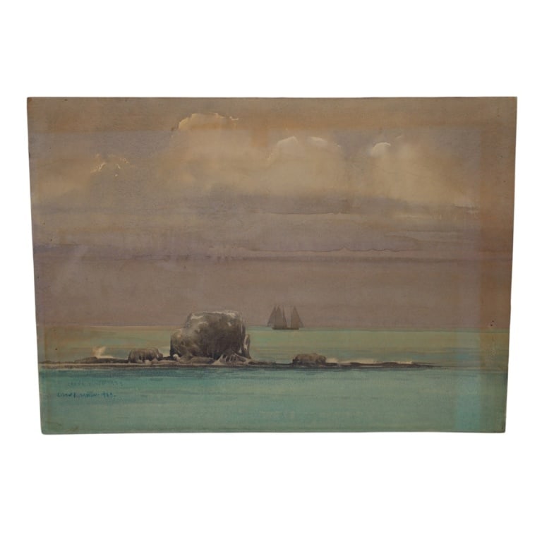 Grant Miles Simon Watercolor "Seascape with Ship": Grant Miles Simon (American,1887-1967) Watercolor on Cardboard "Seascape with Ship". Signed and dated 1939 lower left. Unframed. Measures 17" x 24". Condition: Toning from age and storage or in good