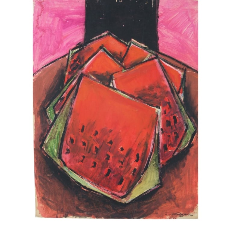 Mid Century Oil on Paper "Watermelon Slices": Mid Century Oil on Paper "Watermelon Slices". Signed illegibly lower right. Unframed. Measures 25" x 19". Condition: Affixed to masonite, toning, light wear/ Estimate 100 - 300 Domestic shipping