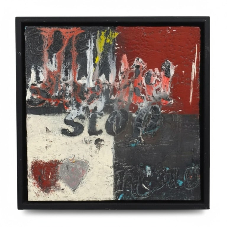 Original Abstract Expressionist Mixed Media: Original Abstract Expressionist Mixed Media on Board "We Stop Now". Unsigned. Set in shadowbox frame. Measures 13-1/4" x 13-1/4" overall. Condition: Wear to frame or in good condition. Estimate 50 -