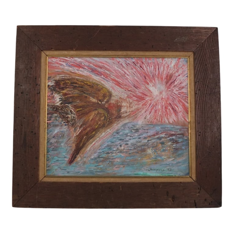Vintage Untitled Abstract Oil on Board 1974: Vintage Untitled Abstract Expressionist oil on artists board "Bird in Flight". Signed illegibly, dated '74 lower right. Measures 14" x 16-1/2", frame 21" x 23-1/2". Condition: Good condition. Estimate