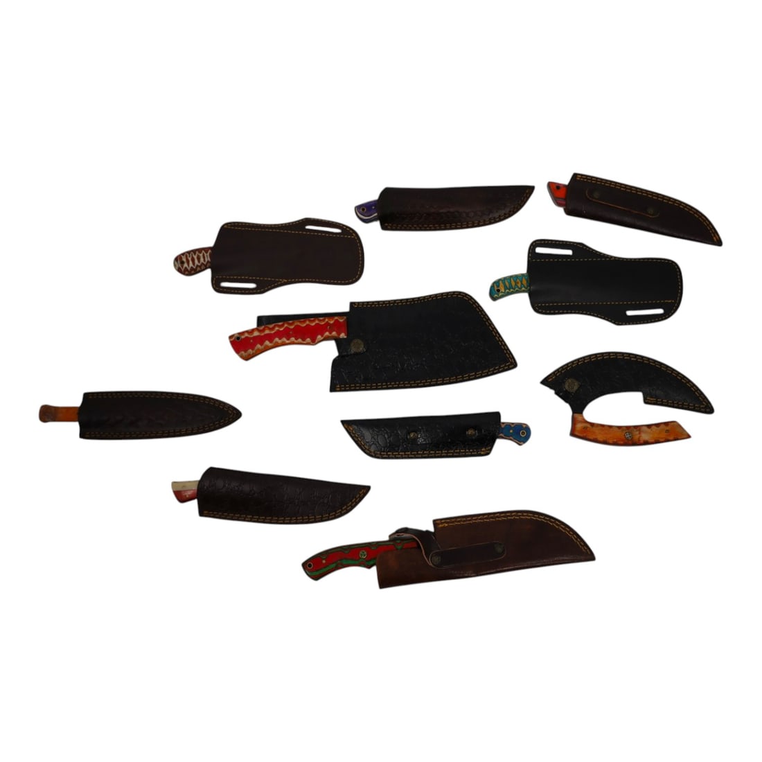 (10) Damascus Steel Fixed Blade Knives: (10) Damascus Steel Fixed Blade Knives. Colorful wood or resin handles and leather sheaths. Measures 6-1/2" - 12-1/4". Condition: Good condition. Estimate 50 - 100 Domestic shipping Third Party