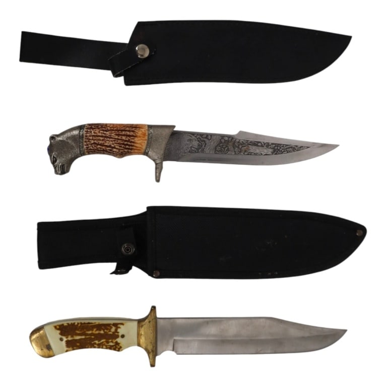 (2) Vintage Fixed Blade Knives: Alaskan Bear Head Handled Knife with chased blade, 13" Fixed Blade Hunting knife, 14". Unsigned. Condition: Good condition. Estimate 40 - 120 Domestic shipping Third Party