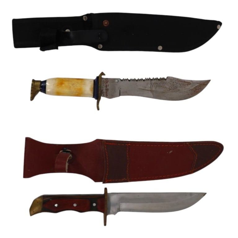 (2) Vintage Fixed Blade Knives: Pakistani bone-handle Bowie knife, 12-1/2", light rust. Pakistani wood handle Bowie knife, 12-1/8". Condition: Good condition. Estimate 40 - 120 Domestic shipping Third Party