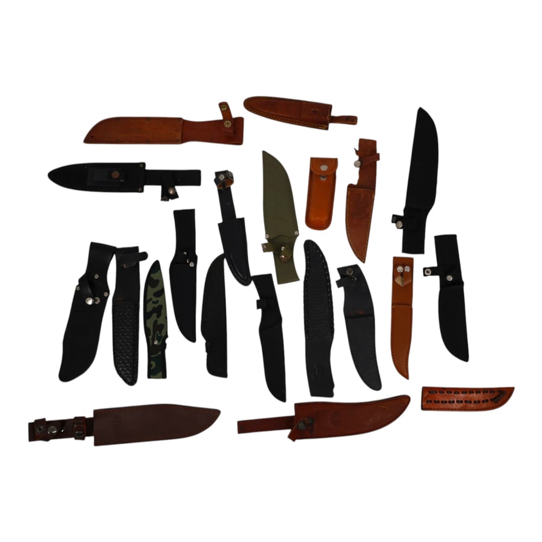 Lot of Knife Sheaths: Lot of Knife Sheaths. Leather, nylon etc. Various sizes. Condition: Used condition. Estimate 20 - 30 Domestic shipping Third Party