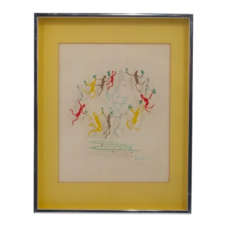 Picasso Silkscreen on Plexiglass "La Ronde": After Pablo Picasso (Spanish, 1881-1973) Hand Silkscreen on plexiglass "La Ronde , Dance of all nations around the Dove of Peace"". Signed in print. Label verso: Modern Classics Series #294. Measures 