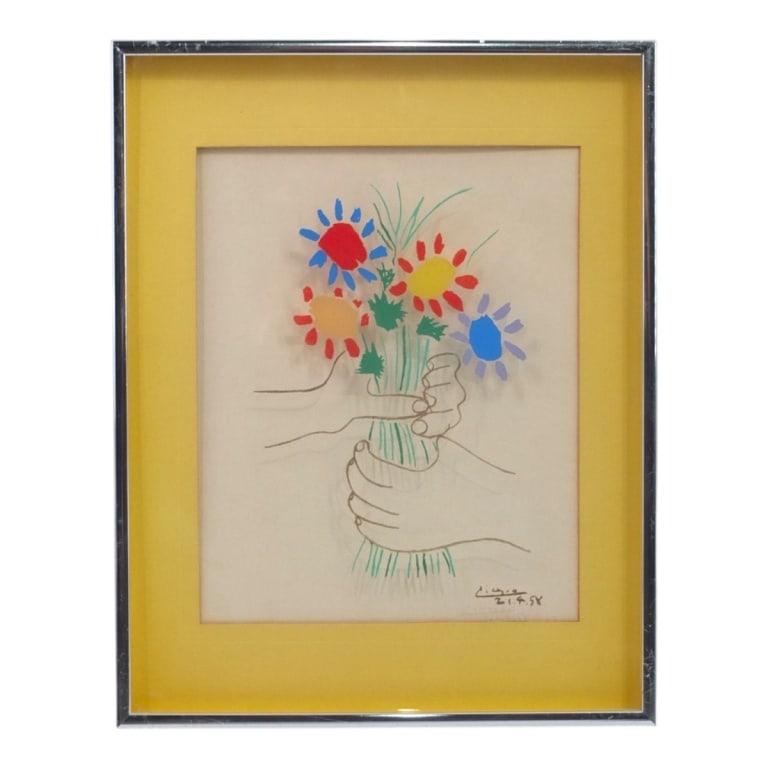 After Picasso Silkscreen on Glass Bouquet of Peace: After Picasso Silkscreen on Glass "Bouquet of Peace". In shadowbox frame. Measures 14-1/4" x 11-1/4" x 1-1/2". Condition: Toning. Estimate 50 - 100 Domestic shipping Third Party