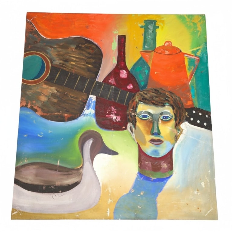 Vintage Original Oil on Canvas, Still Life w/ Head: Vintage Original Oil on Canvas, "Still Life with Head". Signed illegibly and dated Fall 76 verso. Un-stretched canvas measures 29-1/2" x 26-1/4". Condition: Creases, flaking. Estimate 50 - 100