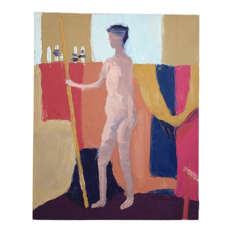 Contemporary Expressionist Oil on Canvas: Contemporary Expressionist Oil on Canvas "Nude Figure with Pole". Inscribed "Corina" verso. Unframed. Measures 20" x 16". Condition: Good condition. Estimate 50 - 100 Domestic shipping Third Party