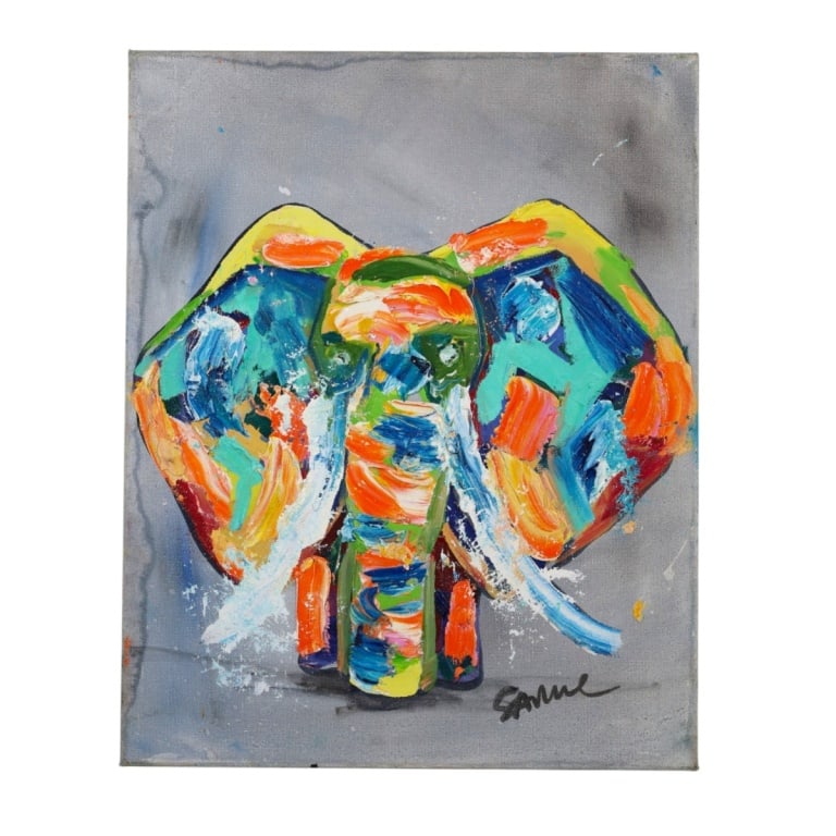 Kate Saville (20th C) Oil on Canvas "Elephant": Kate Saville (20/21st C) Oil on Canvas "Elephant". Signed lower right. Unframed. Measures 20" x 16" Condition: Good condition. Estimate 150 - 350 Domestic shipping Third Party