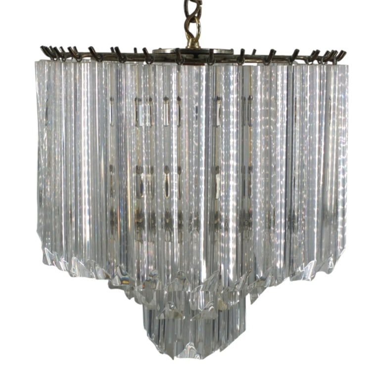 Mid-Century 3 Tier Lucite Prism Chandelier: Mid-Century 3 Tier Lucite Prism Chandelier. Unsigned. Measures 16" H x 15" W, Condition: Good condition. Estimate 150 - 350 Domestic shipping Third Party