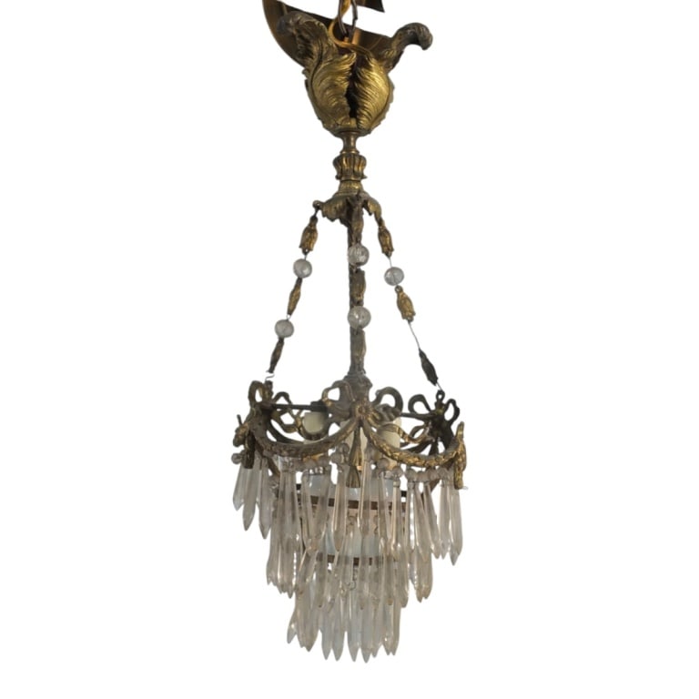 Antique Belle Epoque Style Gilt Bronze Chandelier: Antique Belle Epoque Style Gilt Bronze Chandelier. Unsigned. Measures 18" H x 8" W. Condition: AS IS condition, quite soiled, loose parts, possible missing beads, drops. Estimate 160 - 320 Domestic sh