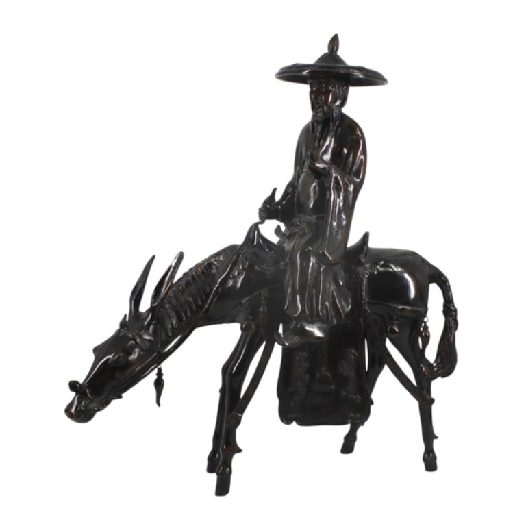 Japanese Bronzed Sculpture of "Toba on His Mule": Large Vintage Japanese Bronzed Sculpture "Toba on His Mule", in 2 pieces. Measures 34" H x 30" W × 12" D. Condition: Good condition. Estimate 800 - 1000 Domestic shipping Third Party