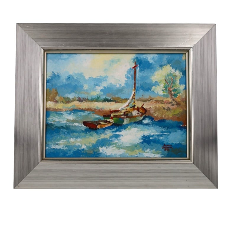 Aubrey Gardner Oil on Board "Boat on Beach,1963": Aubrey Gardner (American, 1911-2004) Oil on Board "Boat on Beach,1963". Signed and dated lower right. Measures 12" x 16", frame 18-1/4" x 22-1/4". Condition: Good condition. Estimate 200 - 400
