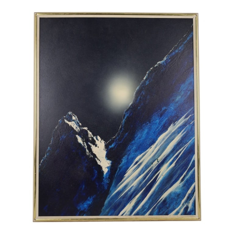 Don Warren (California) Acrylic on Board "Skiers": Don Warren (California, 20th C) Acrylic Air Painting on Board "Skiers". Artists label affixed to verso. Measures 28" x 22", frame 29-1/2" x 23-1/2". Condition: Good condition. Estimate 50 - 100