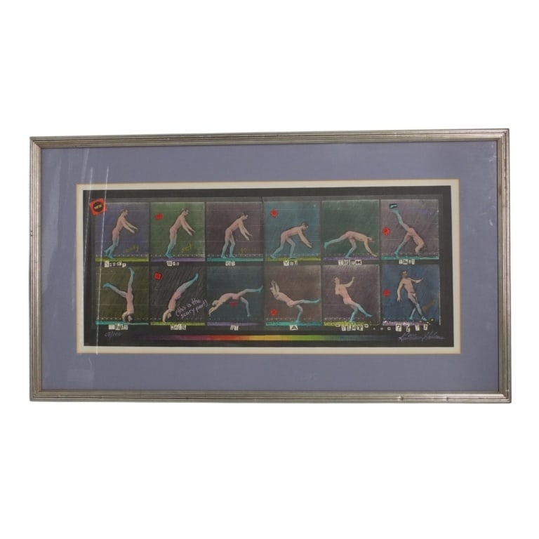Kathleen Holmes Mixed Media Collage Multiple: Kathleen Holmes (American, b. 1953) Mixed Media Collage "Sooo, Why Do You Think That They Call It A "Play"...????". Signed, numbered 07/100. Framed under glass. Measures 10-1/4" x 23" (sight), frame