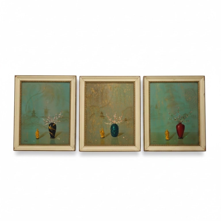 Alphonso T. Toran 3 O/B Chinoiserie Still Lifes: Alphonso T. Toran (New York/Florida/Italy, 189601965) 3 Oil on masonite "Chinoiserie Still Lifes". Signed lower left. Each measures 10" x 8", frames 11-1/2" x 9-1/2". Condition: Good condition.