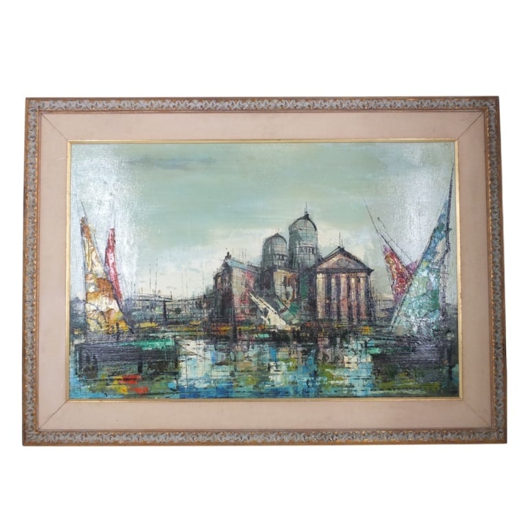 Mid Century French School Oil/Board "Cityscape": Large Mid Century Modern French School Oil on Board "Architectural Cityscape". Signed F___? lower right. Measures 23" x 35" (sight), frame 31-1/2" x 43-1/2". Condition: Craquelure, paint-loss.