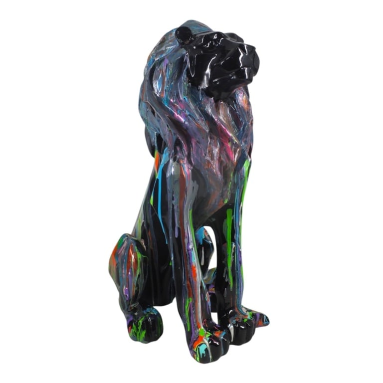 DOMI Psychedelics Street Art Drip Glaze Sculpture: Psycho Psychedelics Street Art "Lion" Drip glaze Fiberglass Sculpture. Signed. Measures 24" H x 10" W x 15" D. Condition: Good condition. Estimate 200 - 400 Domestic shipping Third Party