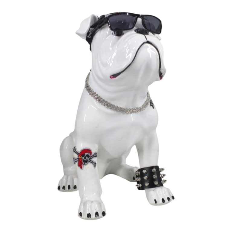DOMI Psychedelics Street Art, Bad to the Bone: Life Size DOMI Psycho Psychedelics Street Art "Bad to the Bone Bulldog" Decorated Fiberglass Sculpture. Signed. Measures 17" H x 10" W x 15" D. Condition: Good condition. Estimate 200 - 400 Domestic