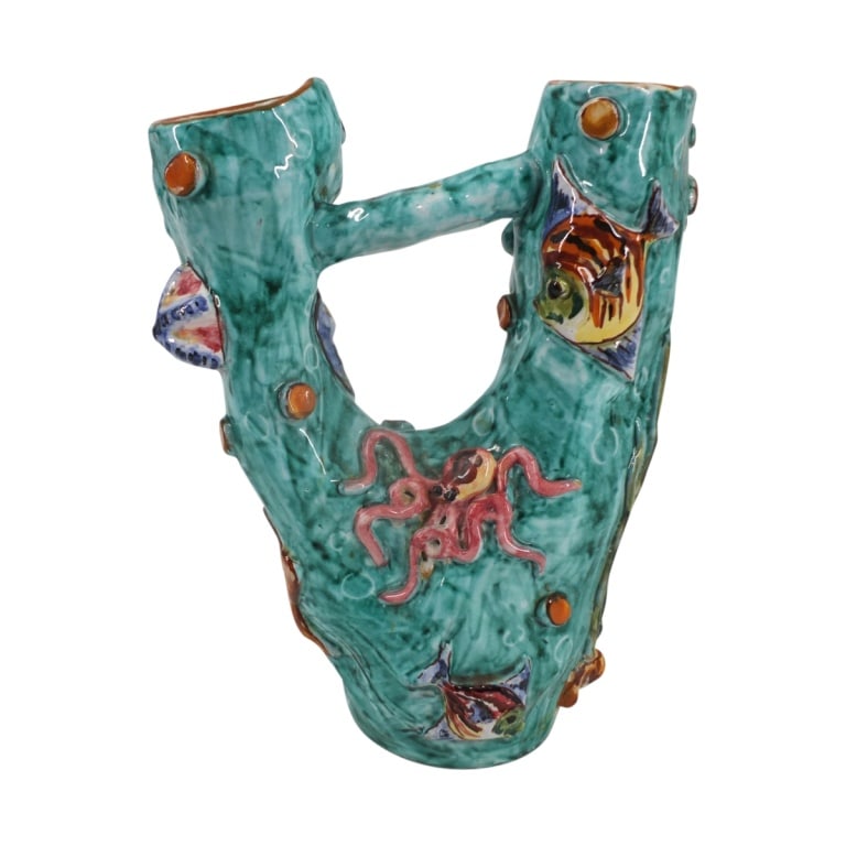 Italian Majolica Sea Life Form Ceramic Vase: Italian Majolica Sea Life Form Ceramic Vase. Signed ACAlobo, Amalfi. Measures 9-3/4" H X 7-1/2" W. Condition: A couple of small chips or in good overall condition. Estimate 80 - 120 Domestic shipping