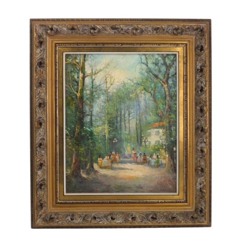 J. Colletti Oil on Canvas "Garden Party": J. Colletti (b. 1925) Impressionist Oil on Canvas "Garden Party". Signed lower right. Measures 20" x 16", frame measures 29-1/2" x 25-1/2". Condition: Good condition. Estimate 150 - 250 Domestic