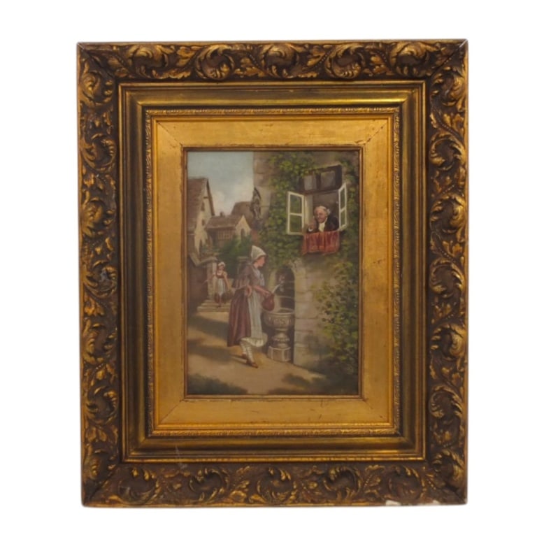 Antique French Oil on Canvas "Village Scene": Antique French Oil on Canvas "Village Scene". Unsigned. Measures 11" x 8", frame measures 19" x 16". Condition: Good condition. Estimate 100 - 300 Domestic shipping Third Party