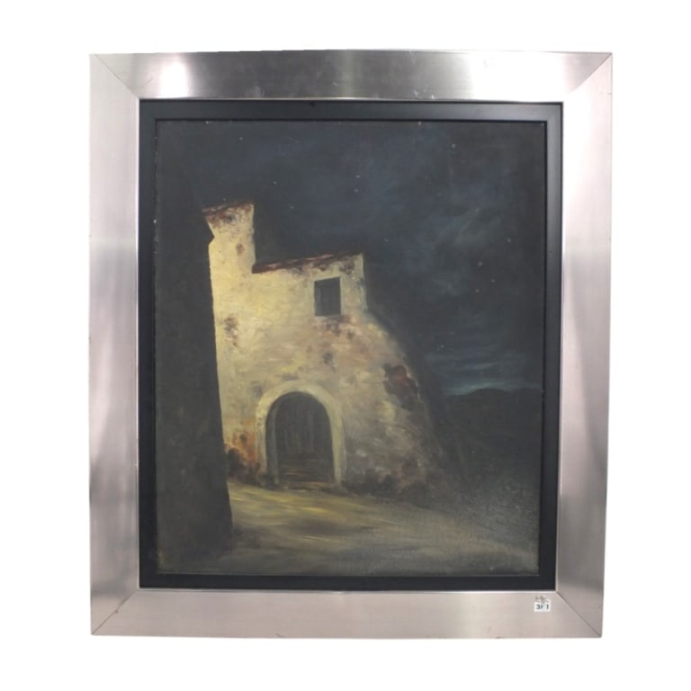Possibly Robert Watson O/C Stone Building at Night: Possibly Robert Watson, American (1923-2004) Oil on canvas "Stone Building at Night". Unsigned. Measures 27-3/4" x 23-1/2", frame 35-1/4" x 31-1/4". Condition: Light wear from storage or in good
