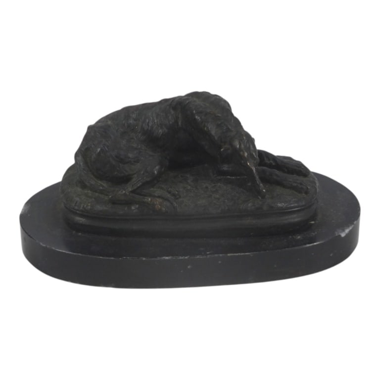 After Paul Gayrard Antique Bronze "Levrier Afghan": After Paul Gayrard (French, 1807-1855) Antique Bronze "Levrier Afghan" . An Afghan greyhound bronze figure resting on a black marble base. Stamped "Gayrard London, 1848". Measures 3-1/2" x 7-3/4".