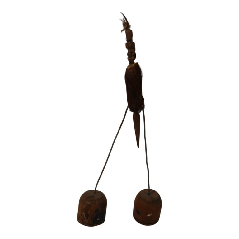 Vintage African Folk Art Figural Sculpture: Vintage African Folk Art Figural Balancing Toy. Comprised of wood, fur, feathers. Unsigned. Measures 18" H x 8" W. Condition: Good condition consistent with age. Estimate 100 - 200 Domestic shipping T