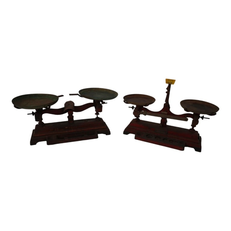 (2) Antique Henry Troemner Balance Scales: (2) Antique Henry Troemner Cast Iron Balance Scales. One with original tags and labels, 9-3/4" x 12" x 4-1/2". The other with faded marks and stamped No. 7. Measures approx. 7-1/2" x 12" x 4-1/2".