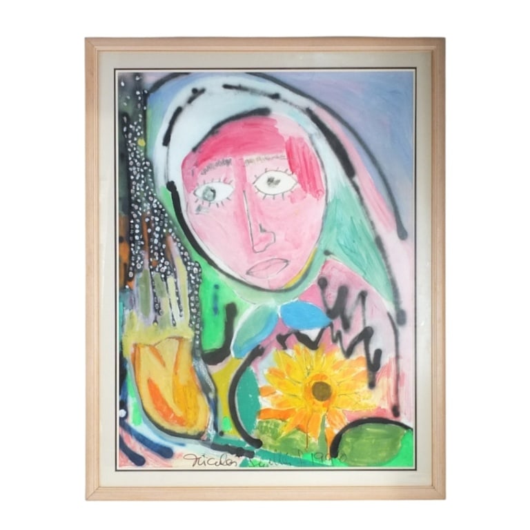 Nicolas Guillen Landrian Mixed Media "Young Girl": Nicolas Guillen Landrian (Cuban,1938-2003) Mixed media "Portrait of a Young Girl". Signed and dated 1990. Framed and under glass. Measures 38-1/2" x 29", frame measures 46" x 36". Condition: Good cond