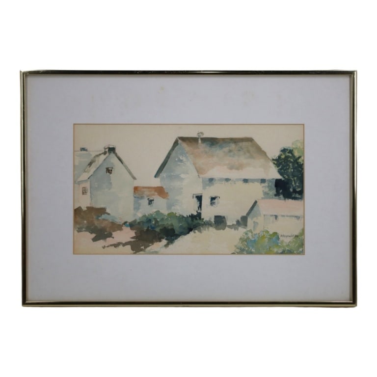 Vintage Watercolor on Paper "Farmscape": Vintage Watercolor on Paper "Farmscape". Signed and dated Fitzgerald '88. Framed under glass. Measures 8" x 13-3/4", frame 14-1/4" x 20-1/4". Condition: Toning or in good condition. Estimate 60 - 120 