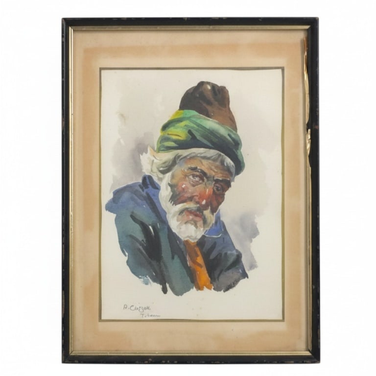 Vintage Persian School W/C, Portrait of a Man: Vintage Persian School Watercolor on Paper, "Portrait of a Man". Signed A. Chitsaz, Tehran. Framed under glass. Measures 10-3/4" x 8-1/4" (sight), frame 14-3/4" x 11-3/4". Condition: Toning or in good