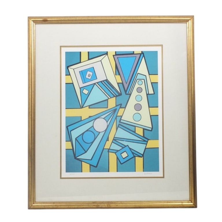 Esteban Color Lithograph "Geometric Abstract": Signed "Esteban" Color Lithograph "Geometric Abstract". Pencil signed and numbered 3/100 in margins. Framed under glass. Measures 20-3/4" x 16" (sight), frame measures 31" x 27". Condition: Good condi