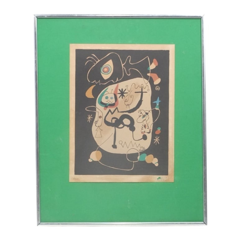 Vintage Joan Miro Color Lithograph "Dancer..Organ": Vintage Joan Miro Color Lithograph "Dancer Listening to an Organ in a Gothic Cathedral" circa 1960's. Pencil signed H.C., Miro lower margin. Framed under glass. Full sheet measures 13-1/4" x 10",