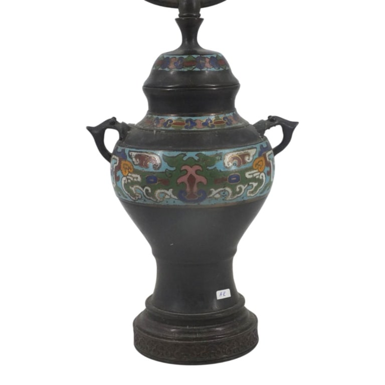 Antique Chinese Cloisonne Urn-Form Lamp: Antique Chinese Cloisonne Urn-Form Lamp. Unsigned. Measures 19-1/2" x 7-1/2". Condition: Good condition consistent with age and storage. Estimate 100 - 200 Domestic shipping Third Party