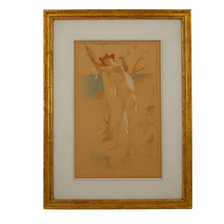 Antoine Calbert Lithograph "L'Inconnue" c.1898: Antoine Calbert (French,1860-1944) Color lithograph "L'Inconnue" c.1898. Signed in stone. Framed under glass. Measures 14-3/4" x 9-1/4" (sight), frame 21-1/2" x 16". Condition: Toning. Estimate 50 - 1