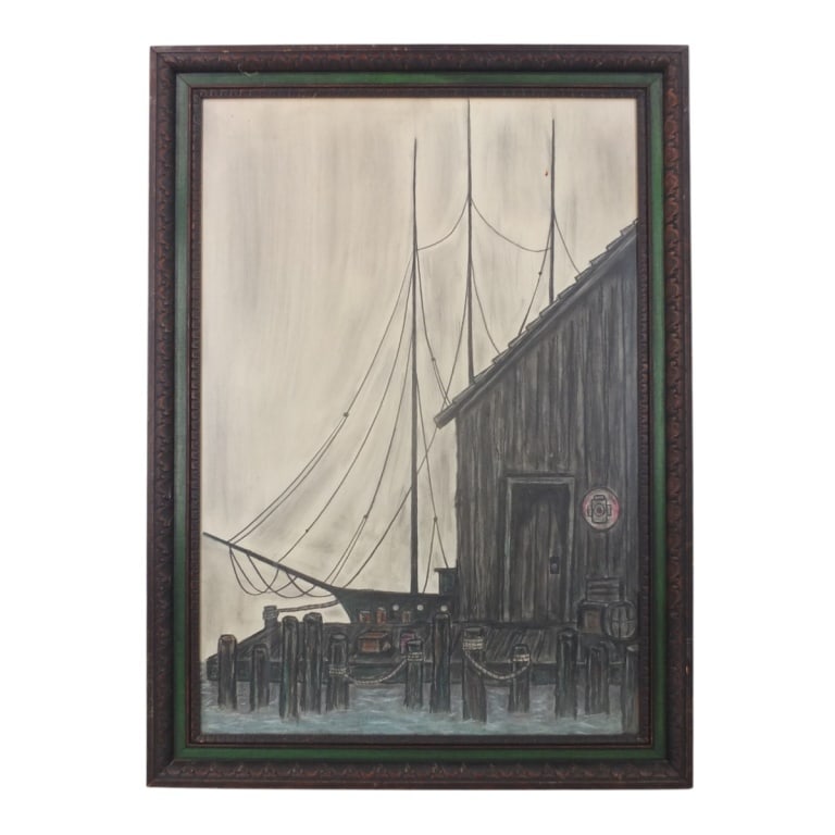 MCM Nautical Pastel on Board "Dockside": MCM Nautical Pastel or Oil Stick on Board "Dockside". Unsigned. Framed under glass. Measures 31" x 21-1/2" (sight), frame 36" x 26-1/4". Condition: Good condition. Estimate 60 - 120 Domestic shipping 