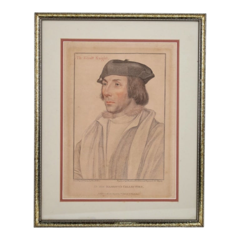 Hans Holbein 18C Stipple Engraving "Elliot Knight": After Hans Holbein, the Younger (German, 1497-1543) Late 18th C Colored Stipple Engraving "Th. Elliot Knight". Engraved by Francesco Bartolozzi, 1793. Framed under glass. Measures 13-1/2" x 9-1/2"