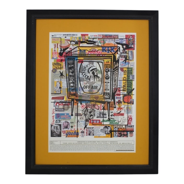 CSA Design Lithograph "Seinfeld Final Episode": CSA Design (Charles S. Anderson Design Co) Color Lithograph Poster "Seinfeld Final Episode". Framed, no glass. Measures 22-3/4" x 16-1/2" (sight), frame 31-1/2" x 25-1/2". Condition: Some scuffs consi