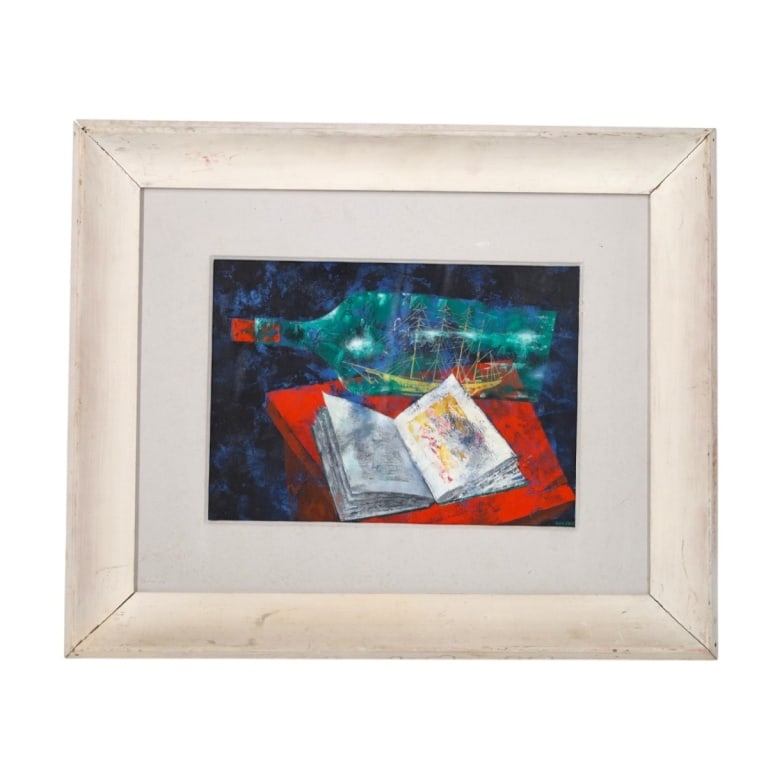 Guy Fry Oil on Paper Still Life w/ Ship in Bottle: Guy Fry (20th C) Oil on Paper "Still Life with Ship in a Bottle and Book". Signed lower right. Measures 10" x 14" (sight), frame 20" x 24". Condition: Paper with buckle or in good condition. Estimate