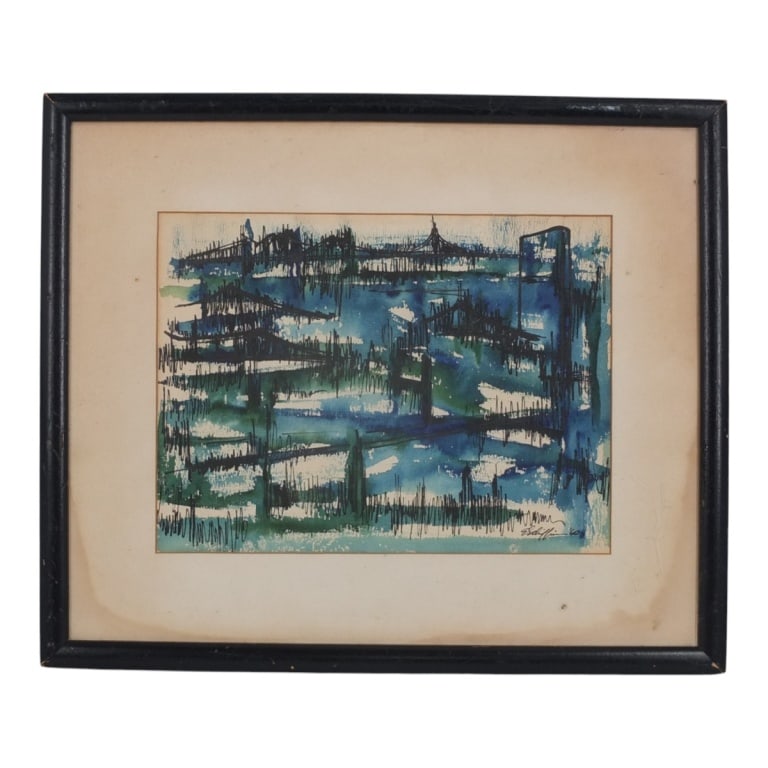 E. Schiffin MCM Abstract Landscape Watercolor: E. Schiffin (20th C) MCM Abstract Landscape Watercolor on paper. Signed and dated '60 lower right. Framed under glass. Measures 9" x 12" (sight), frame 15" x 18" Condition: Toning consistent with age,