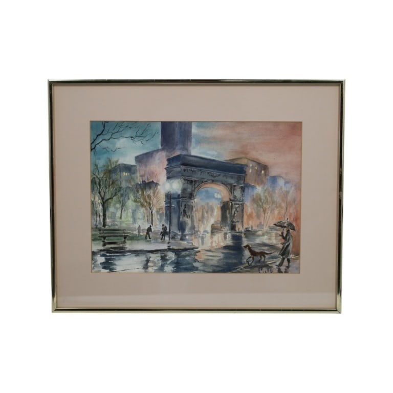 Vintage French School Watercolor "Arc de Triomphe": Vintage French School Watercolor on Paper "Arc de Triomphe". Signed lower right Ciello. Framed under glass. Measures 10-1/2" x 14-1/2" (sight), frame 16-1/4" x 20-1/4". Condition: Good condition. Esti